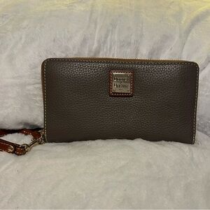 Dooney & Bourke Taupe Pebble Leather Zip Wristlet with Brown Trim
